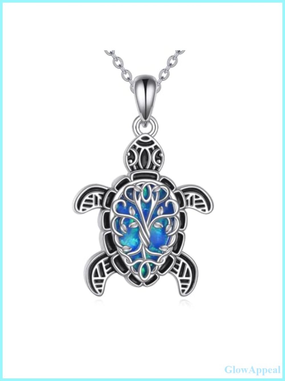 Sterling Silver Blue Opal Sea Turtle Tree of Life Pendant Necklace